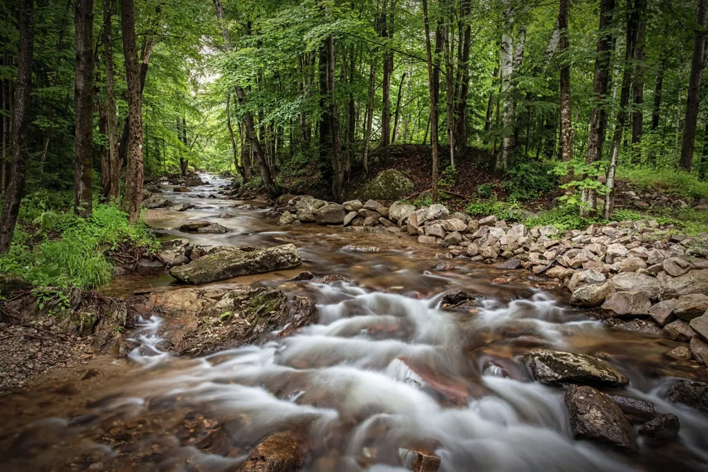 a long-exposure shot of a slow-flowing brook in Killington