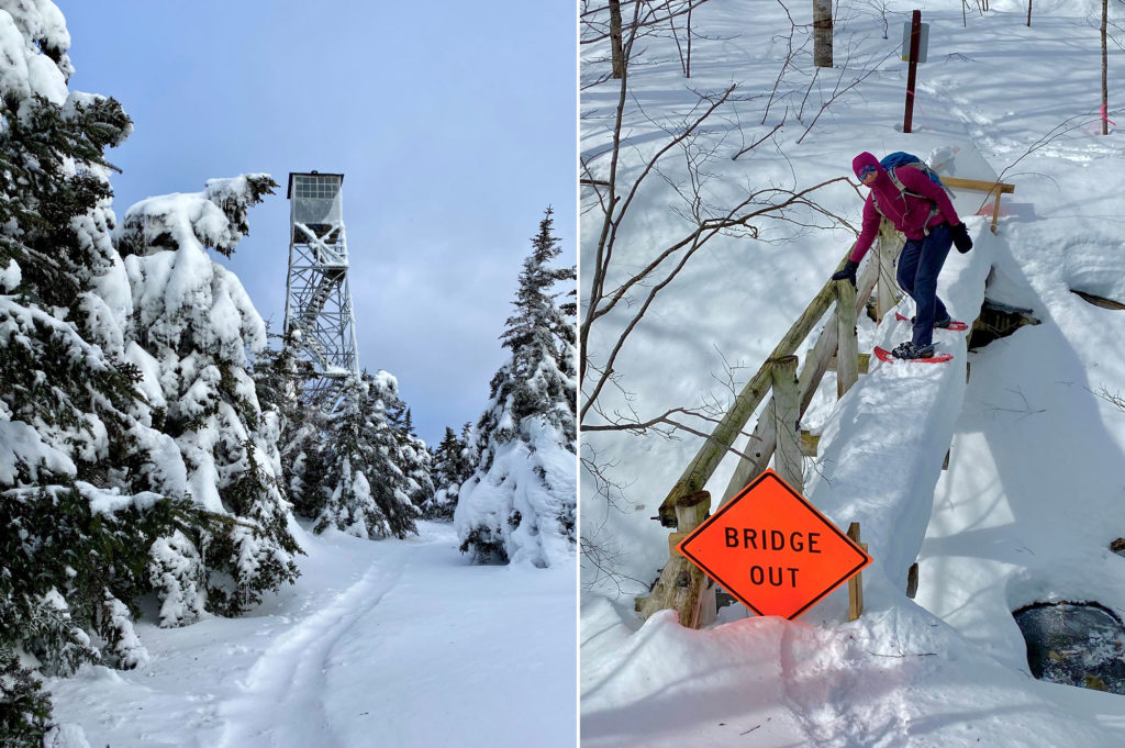 Winter view of Stratton mountain firetower; snowy bridge in Lye Brook Wilderness
