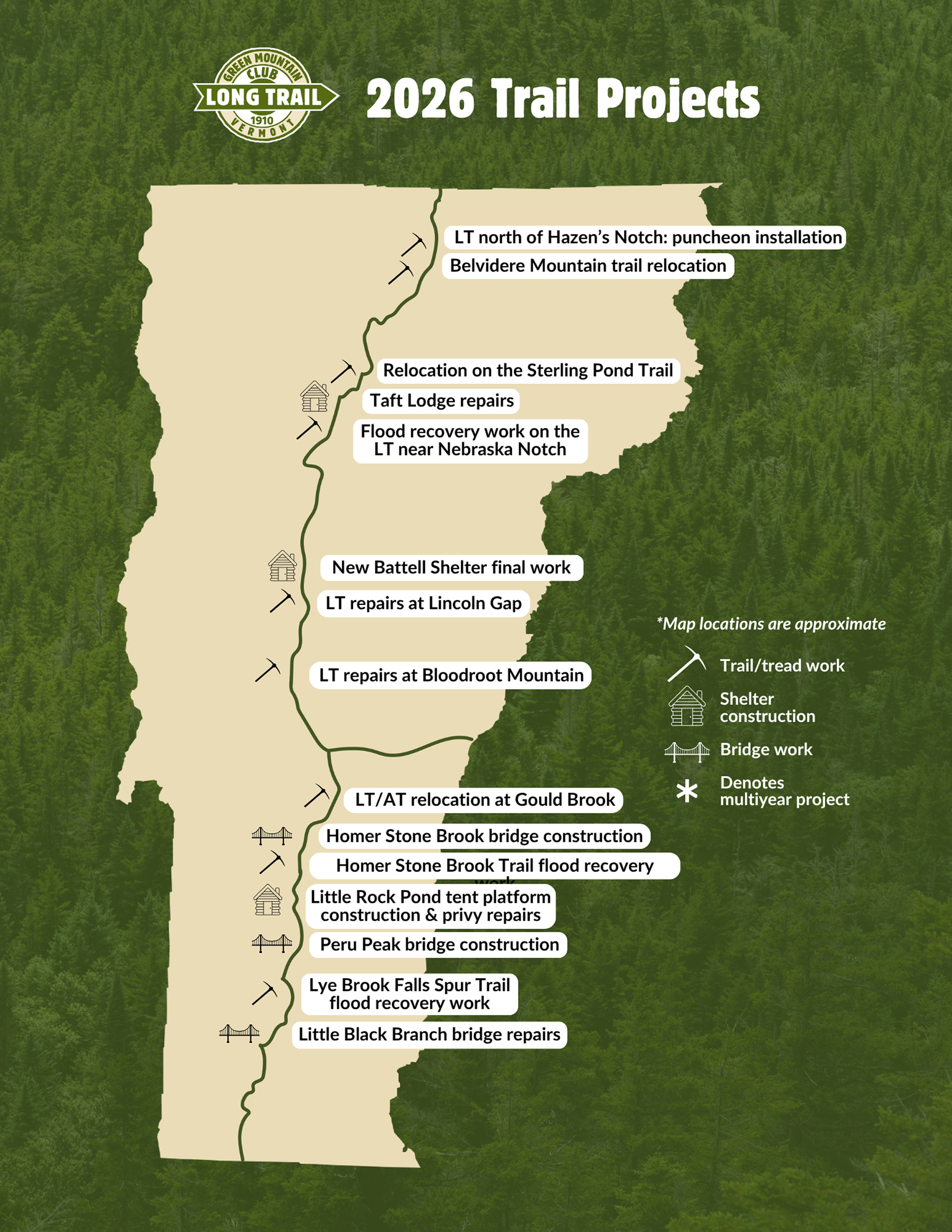 Icons and text mark locations along the trail running the length of the state of Vermont.