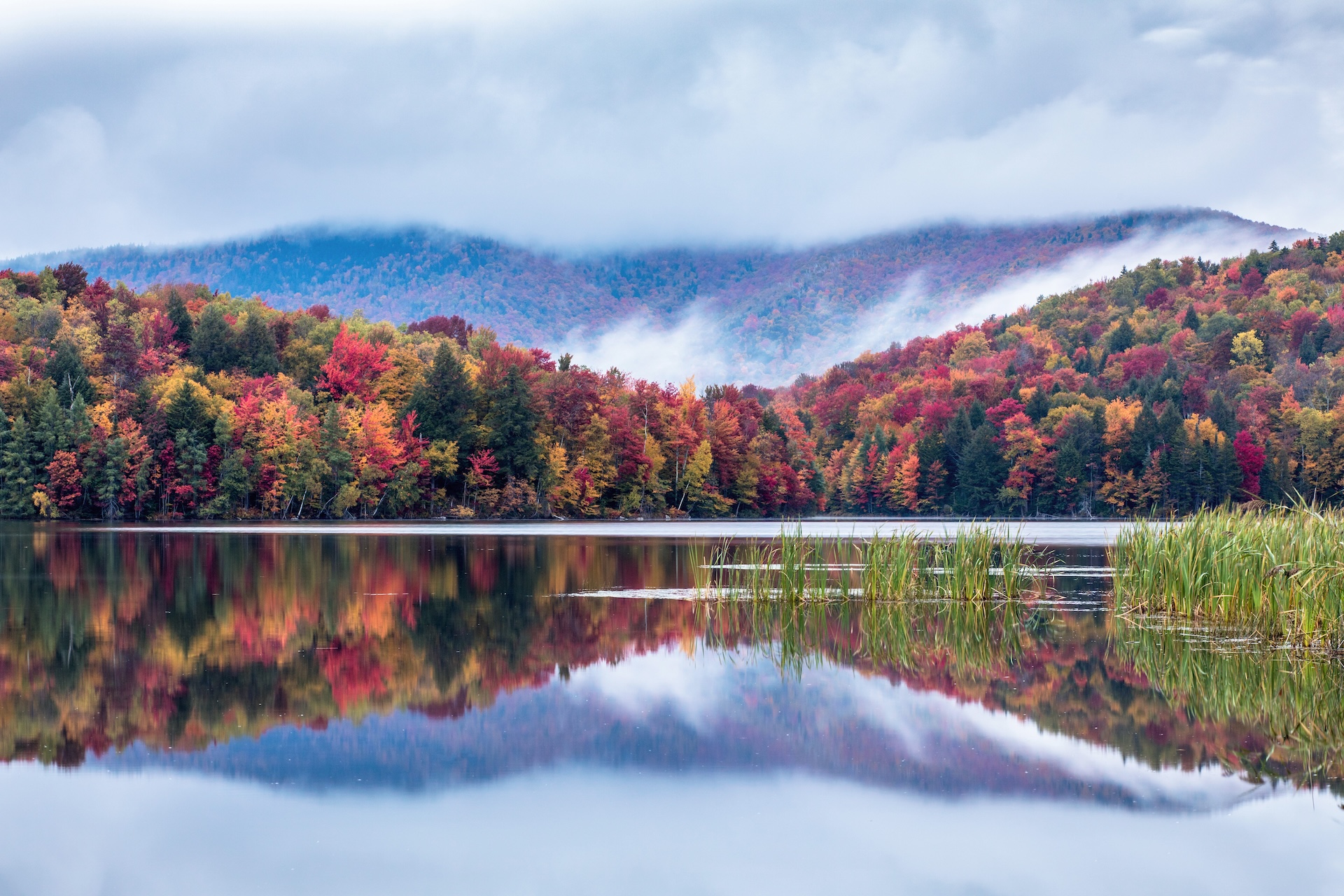 pond with fall foliage colors and reflection