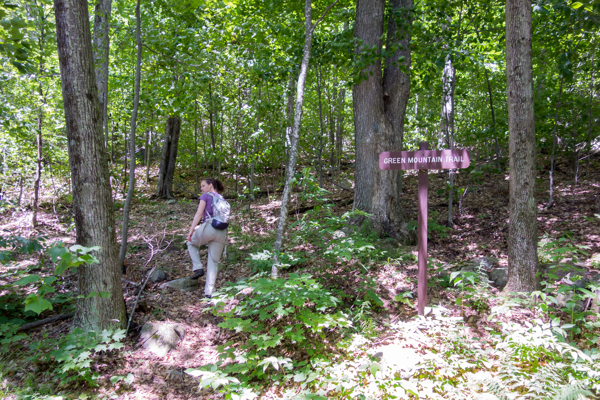 Hiker starting the Green Mountain Trail with sign