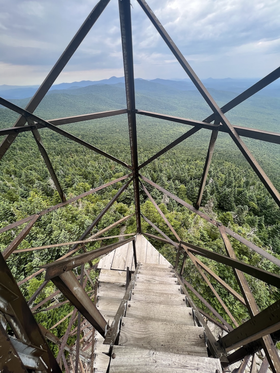 view down the fire tower stairs on belvidere mountain
